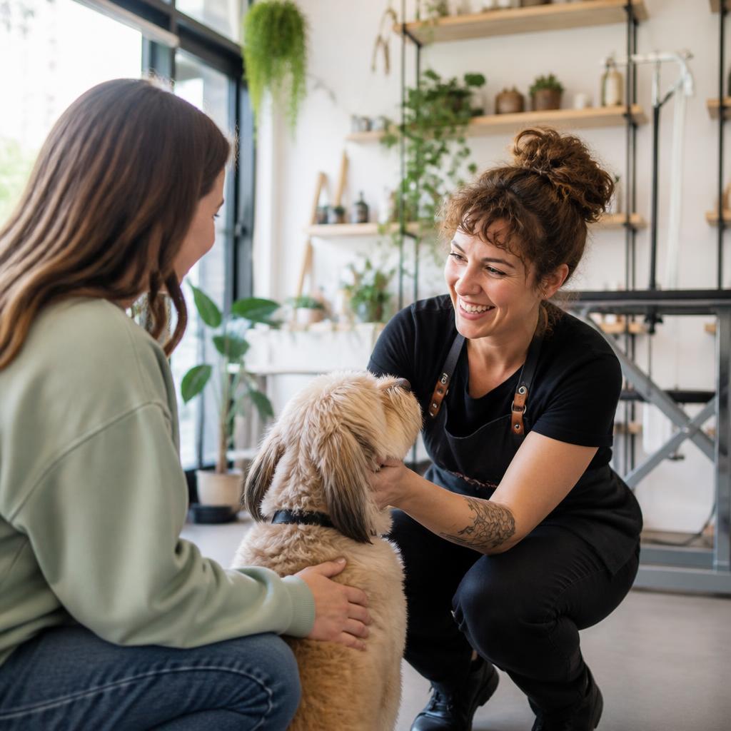 Illustrative photo of a groomer welcoming a dog and owner